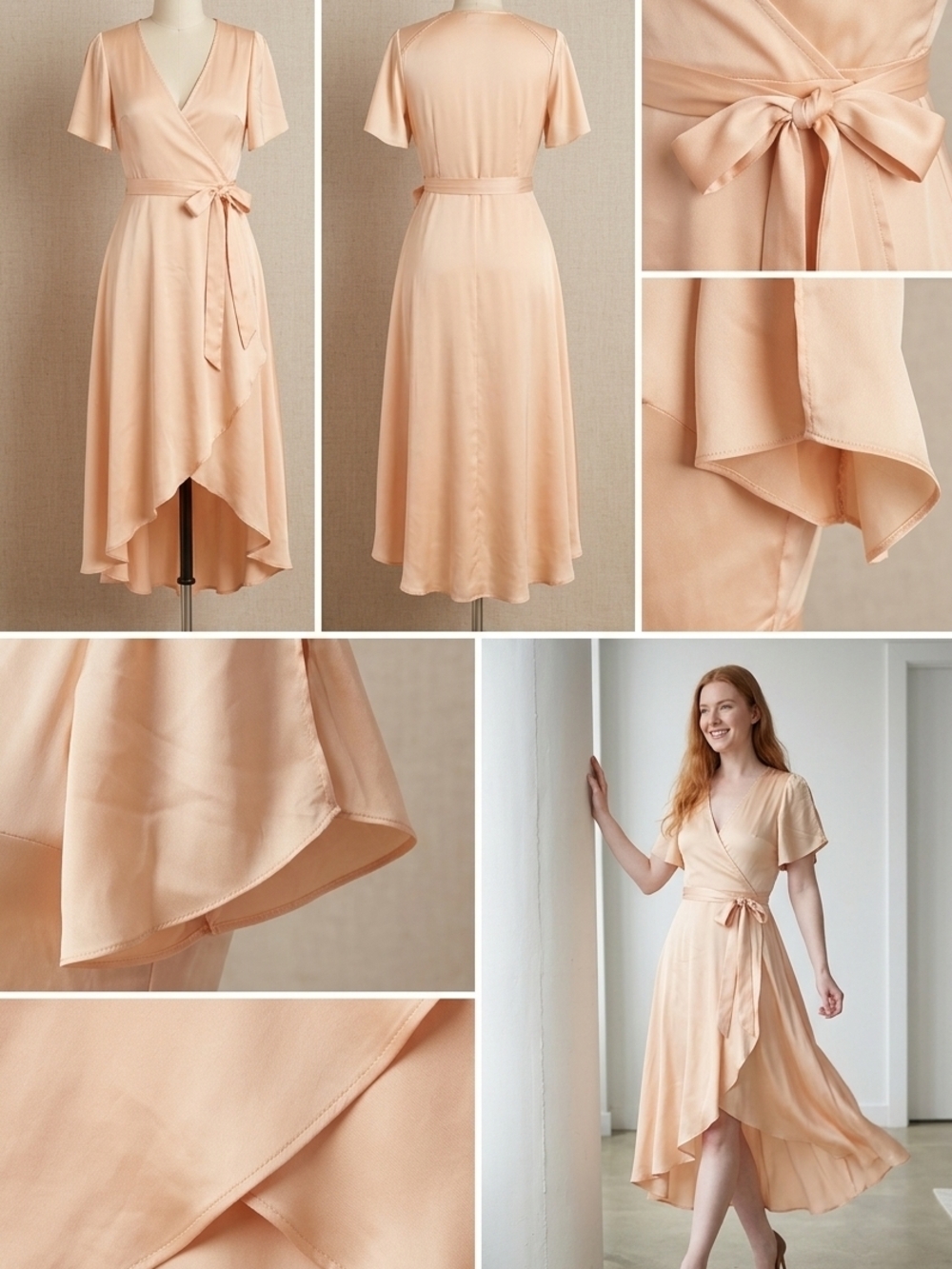FEW MODA Wrap Midi Dress in Blush Peach Satin